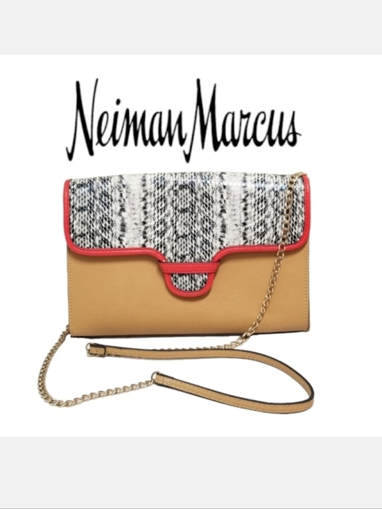 Neiman Marcus Handbags - Neiman Marcus Python Embossed Flap Crossbody Clutch Vegan Handbag Tan
